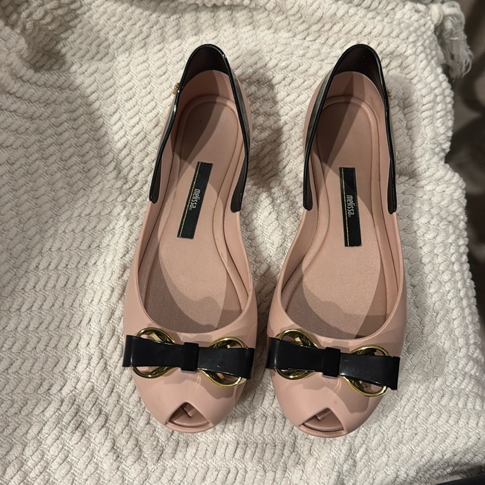 Melissa Queen V Peep Toe Jelly Flats Pink Black size 7